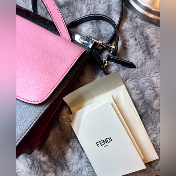 FENDI✨Demi Jour Top Handle Bag✨Pink Grey Red Leather✨Saffiano Satchel Crossbody - Picture 4 of 13